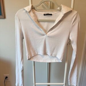 Zara White Ribbed Cropped V‑Neck Long Sleeve Top with Collar